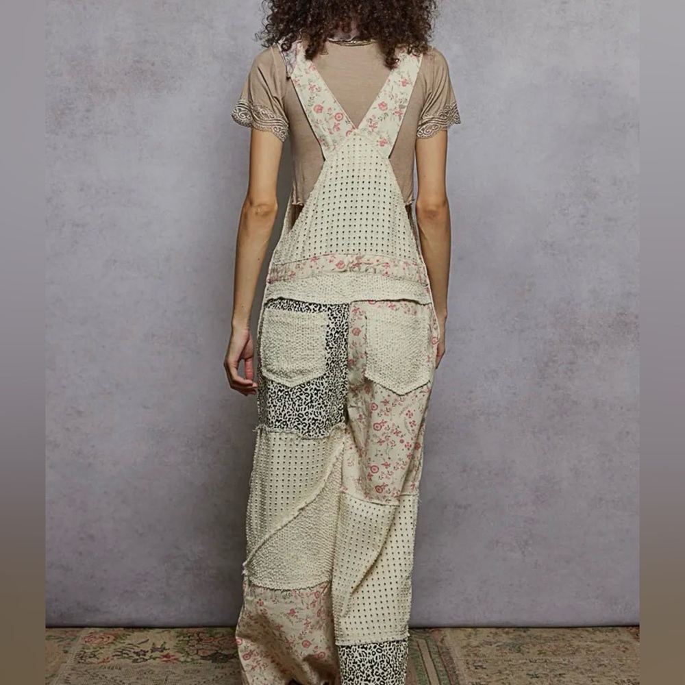 POL Patchwork Floral and Leopard Print Overalls in Beige and Cream - Picture 2 of 4